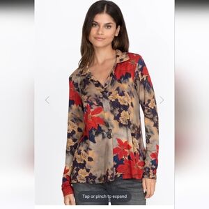 Johnny Was Claret Long Sleeve Swing Polo Tee Sz Xs